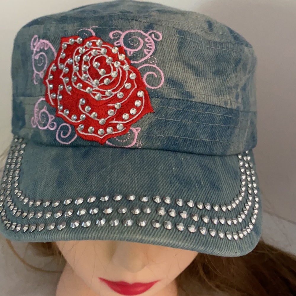 Rhinestone Bling Cadet Cap ROSE Motif Blue Denim - Picture 4 of 9